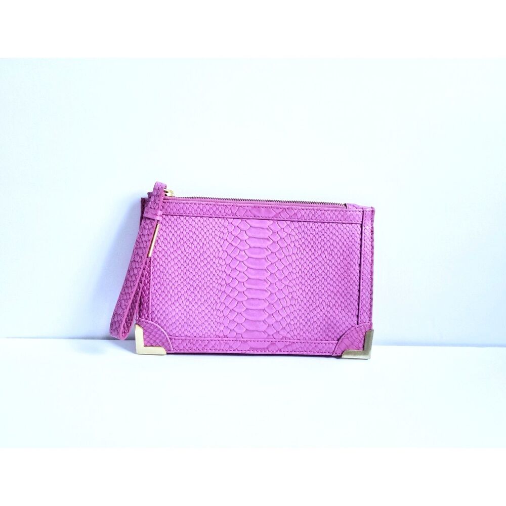 FOLEY CORINNA Fuchsia Embossed Leather Wristlet Snake Purple Pink Clutch